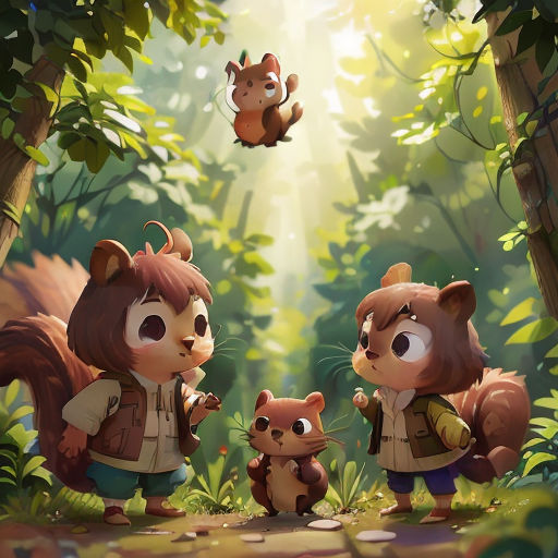 a group of animals standing in the middle of a forest with a squirrel flying above them and a squirrel on the ground