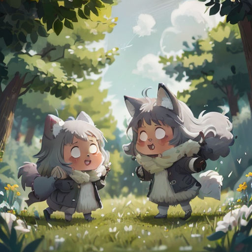 two cartoon characters standing in the woods with trees and flowers behind them, one of them is holding a gun