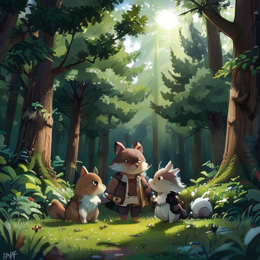 a group of animals standing in the middle of a forest with trees and grass on either side of them