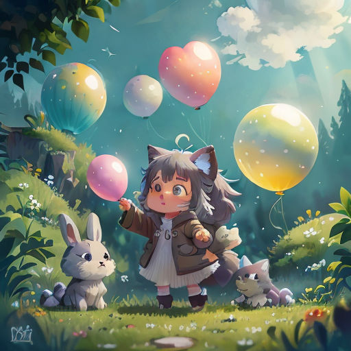 a girl holding a bunch of balloons in a field with rabbits and rabbits in the grass and a cat