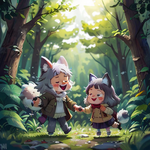 two little girls are walking through the woods together, one is holding the hand of the other's hand