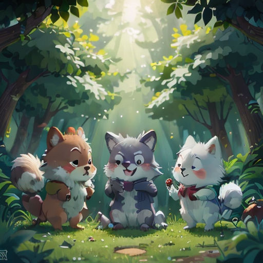 a group of animals standing in the middle of a forest with sunlight shining through the trees and leaves on the ground