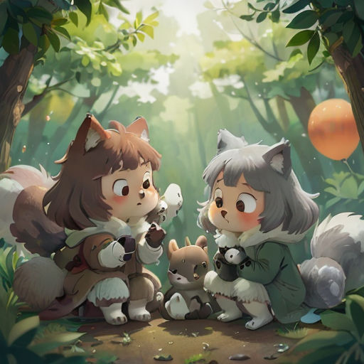 two anime characters sitting in the woods with a fox and a fox cub on their lap, with a ball in the background