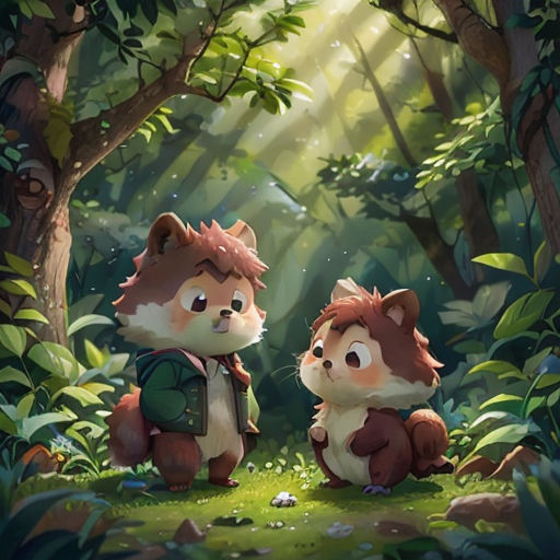 two cartoon animals in a forest with trees and grass and sunlight shining through the trees and leaves on the ground