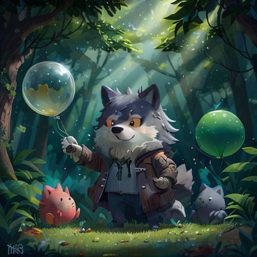 a wolf in the forest with bubbles in his hand and a fish in his mouth, and a forest background