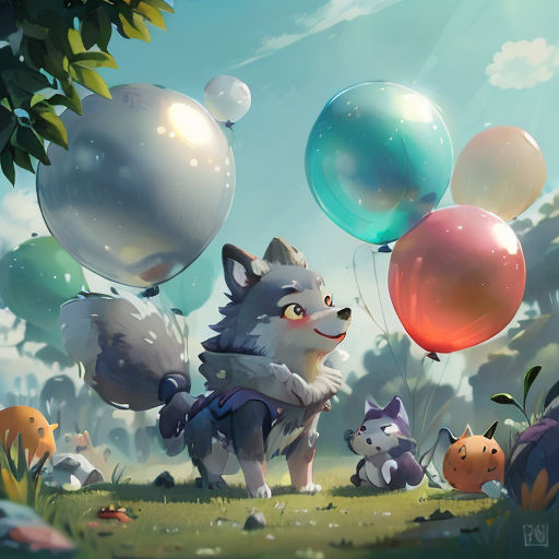 a painting of a wolf with balloons in the air and other animals around it, in a field of grass