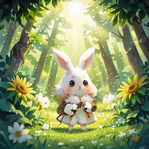 a rabbit holding a stuffed animal in a forest with sunflowers and daisies around it, with a sunbeam in the background
