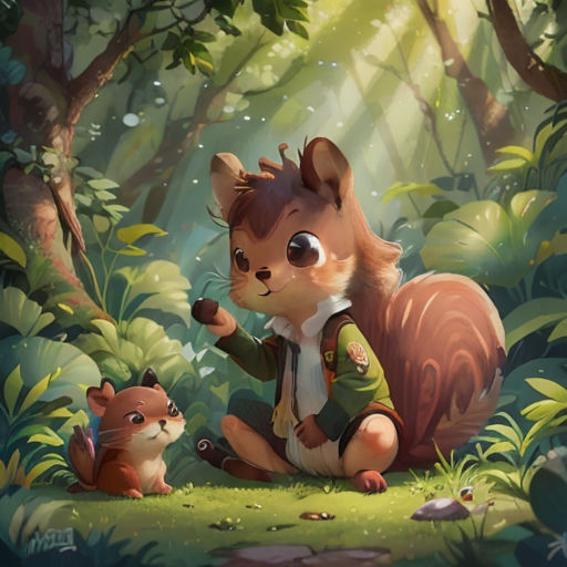 a painting of a squirrel and a squirrelling in a forest with sunlight streaming through the trees and leaves