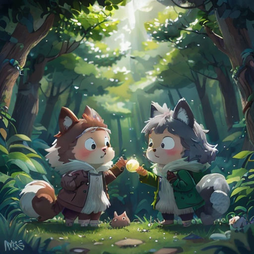 two cartoon animals in the woods with a light shining on them's face and one of them is holding a ball