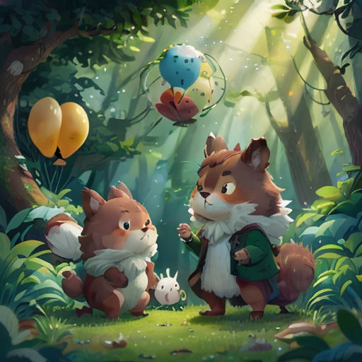 a painting of two foxes in a forest with balloons in the air above them and a bird flying above them