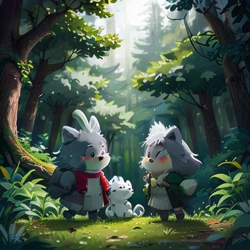 a couple of animals standing in the middle of a forest next to a forest filled with trees and bushes