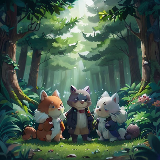 a group of animals sitting in the middle of a forest with trees and grass on either side of them