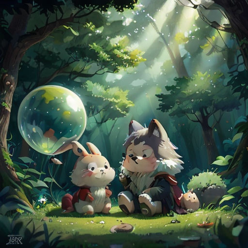 a couple of animals sitting in the middle of a forest next to a bubble ball in the air with a forest background