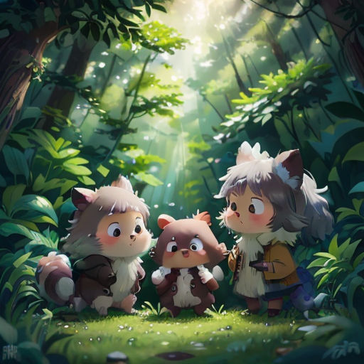 a group of animals standing in the middle of a forest with sunlight shining through the trees and grass on the ground