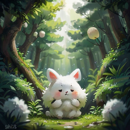 a white cat sitting in the middle of a forest with a forest background and a path leading to it