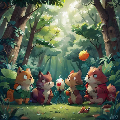 a group of cats sitting in the middle of a forest with a leaf flying above them and a leaf falling off of the tree