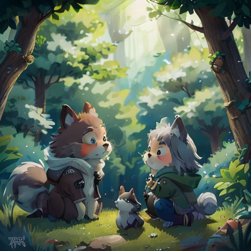 two animals sitting in the woods with a forest background and sunlight shining through the trees behind them, and a person holding a dog