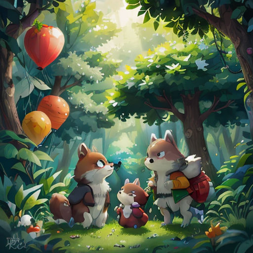 a couple of animals standing in the middle of a forest with balloons flying above them and a balloon floating above them