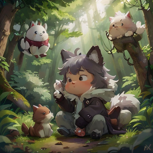 a girl sitting in the woods with a cat and a bear on her back, and another animal in the background