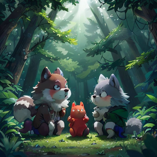a group of animals sitting in the middle of a forest with a light shining through the trees behind them