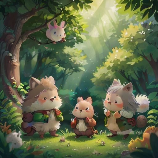 a group of animals standing in the middle of a forest with a mouse flying above them and a squirrel on the ground