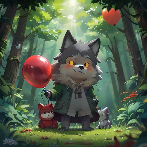 a cat holding a red balloon in a forest with other cats and a dog on the ground in front of it