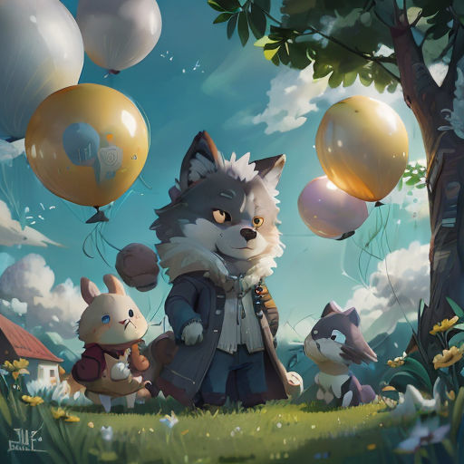 a painting of a fox and two rabbits in a field with balloons in the sky above them and a house in the background