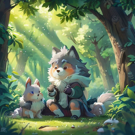 a painting of a wolf and a cat in the woods with trees and grass behind them, with sunlight streaming through the trees