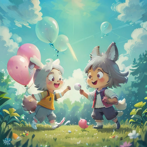 two children playing with balloons in a field with a sky background and clouds in the background, one of them is holding a balloon
