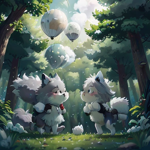 two dogs are in the woods with balloons floating above them and a cat is on the ground in the foreground