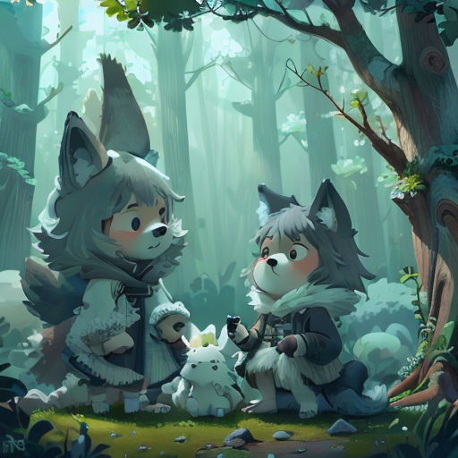 two cute little girls in the woods with a wolf and a dog on the ground, one of them is holding a small white dog