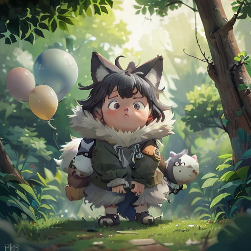 a girl in a forest with a cat and a dog in her hand and balloons in the air above her