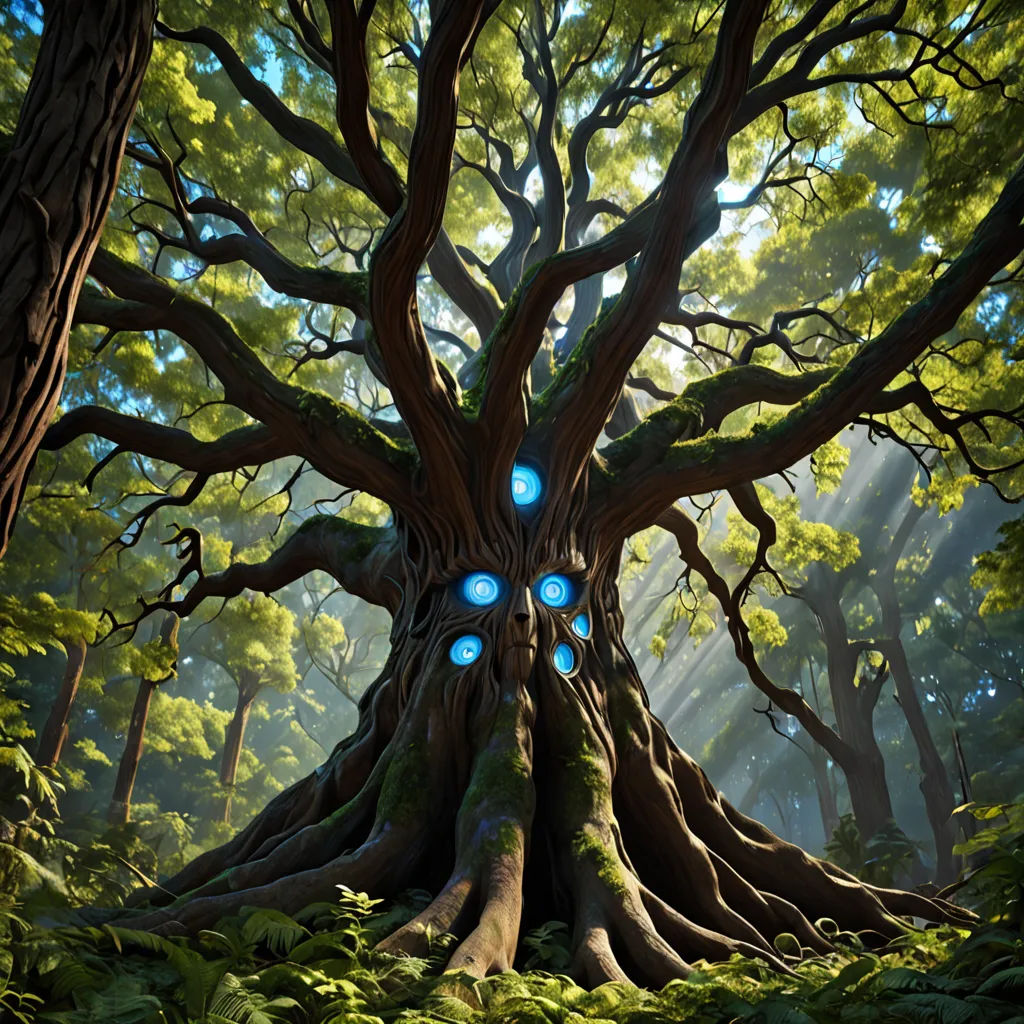 a tree with blue eyes in a forest with green leaves and trees in the background with sunlight coming through the leaves, fantasy art, concept art, Chris LaBrooy, unreal 5