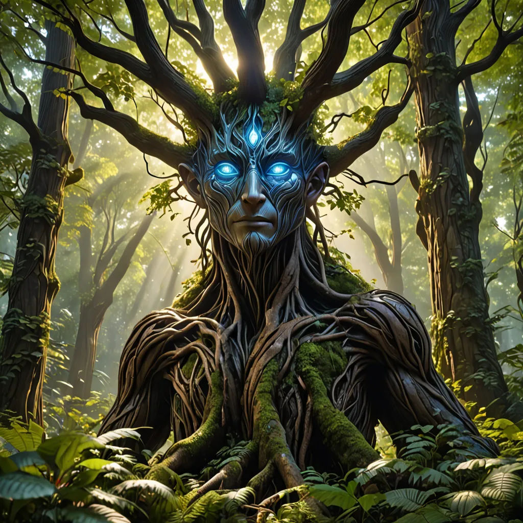 a man with blue eyes and a tree trunk in the forest with a face that is surrounded by trees, altermodern, a character portrait, Clint Cearley, magic the gathering artwork