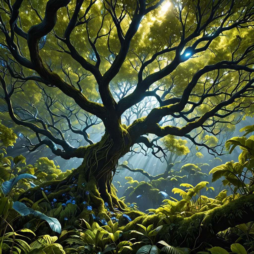 a painting of a tree in a forest with sun shining through the leaves and branches on the branches of the tree, naturalism, a detailed matte painting, David Martin, forest