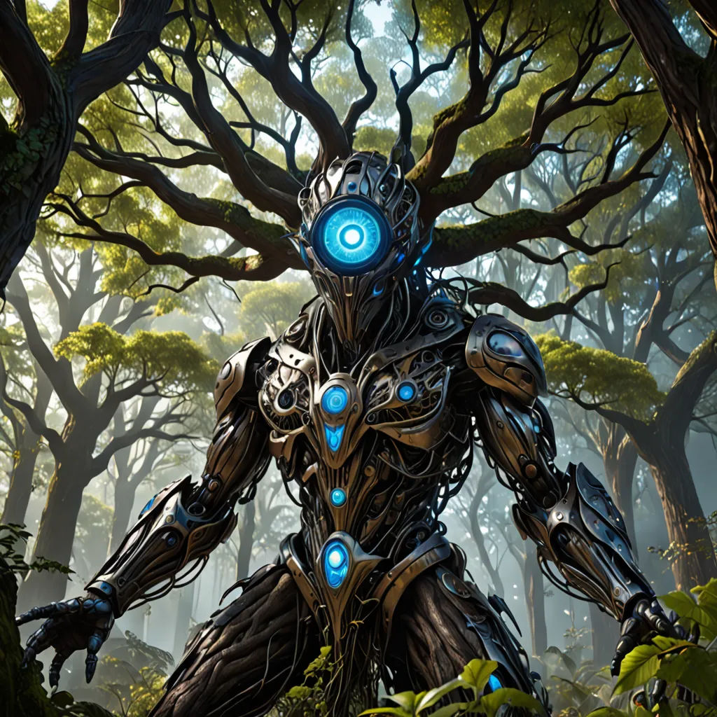 a robot standing in a forest with blue lights on its face and arms, with trees in the background, environmental art, concept art, Clint Cearley, unreal 5