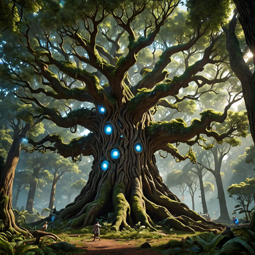 a painting of a tree with blue eyes in the middle of a forest with a person standing in front of it, fantasy art, a detailed matte painting, Andreas Rocha, magic the gathering artwork