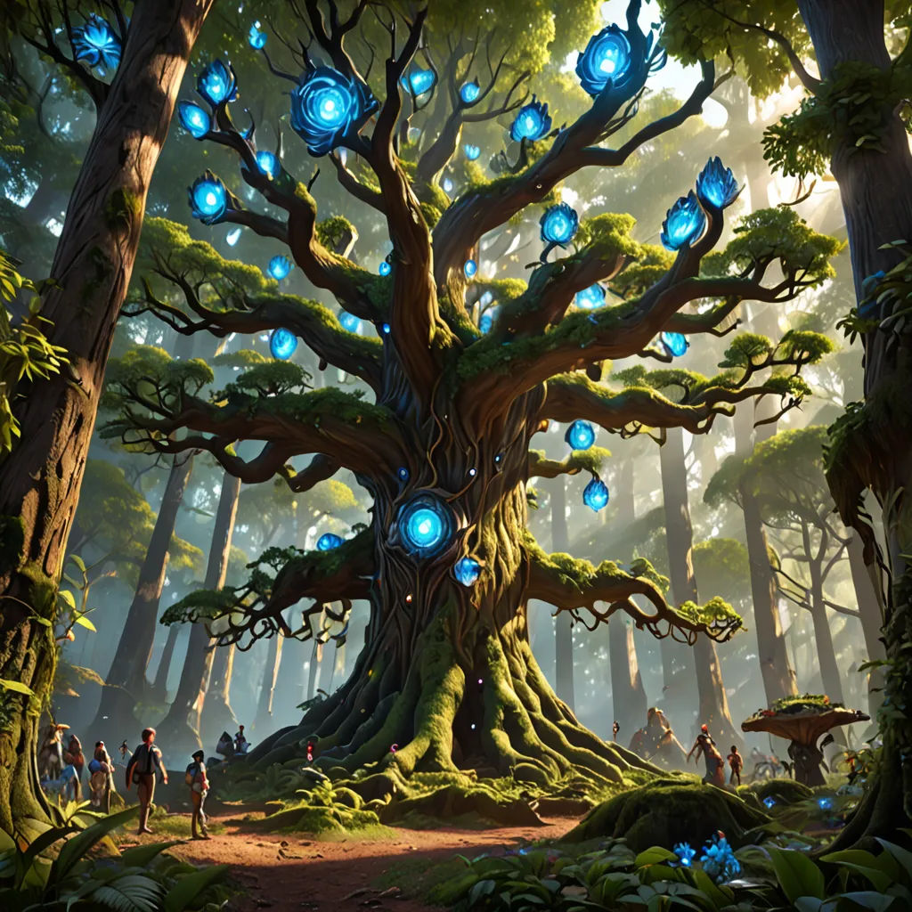 a painting of a tree with blue lights on it's branches and people walking around it in the woods, fantasy art, concept art, Clint Cearley, magic the gathering artwork