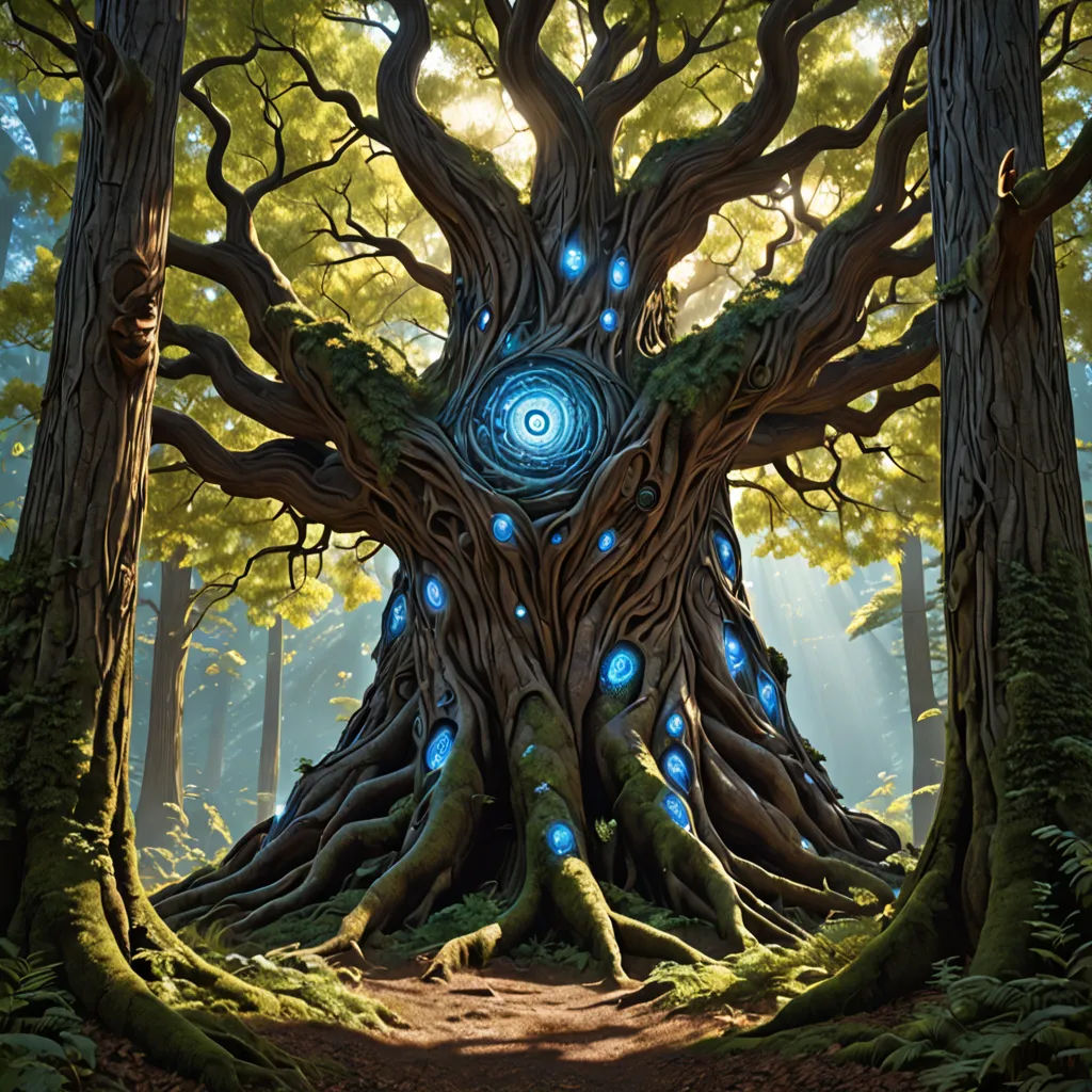 a tree with blue lights in the middle of it's trunk and a pathway leading to it in the middle of the forest, altermodern, concept art, Chris LaBrooy, magic the gathering artwork