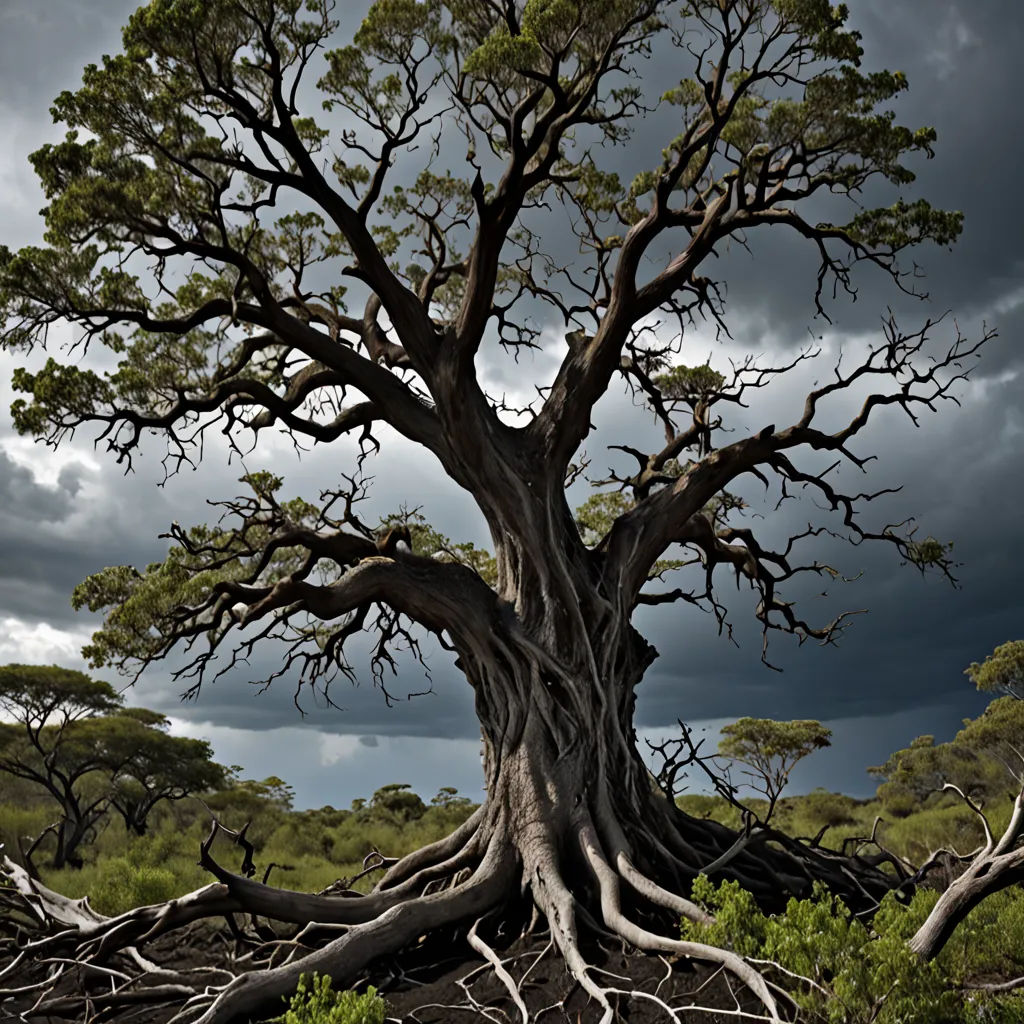 a large tree with very large roots in a field with dark clouds in the background and a few trees in the foreground, naturalism, a photorealistic painting, Arie Smit, roots