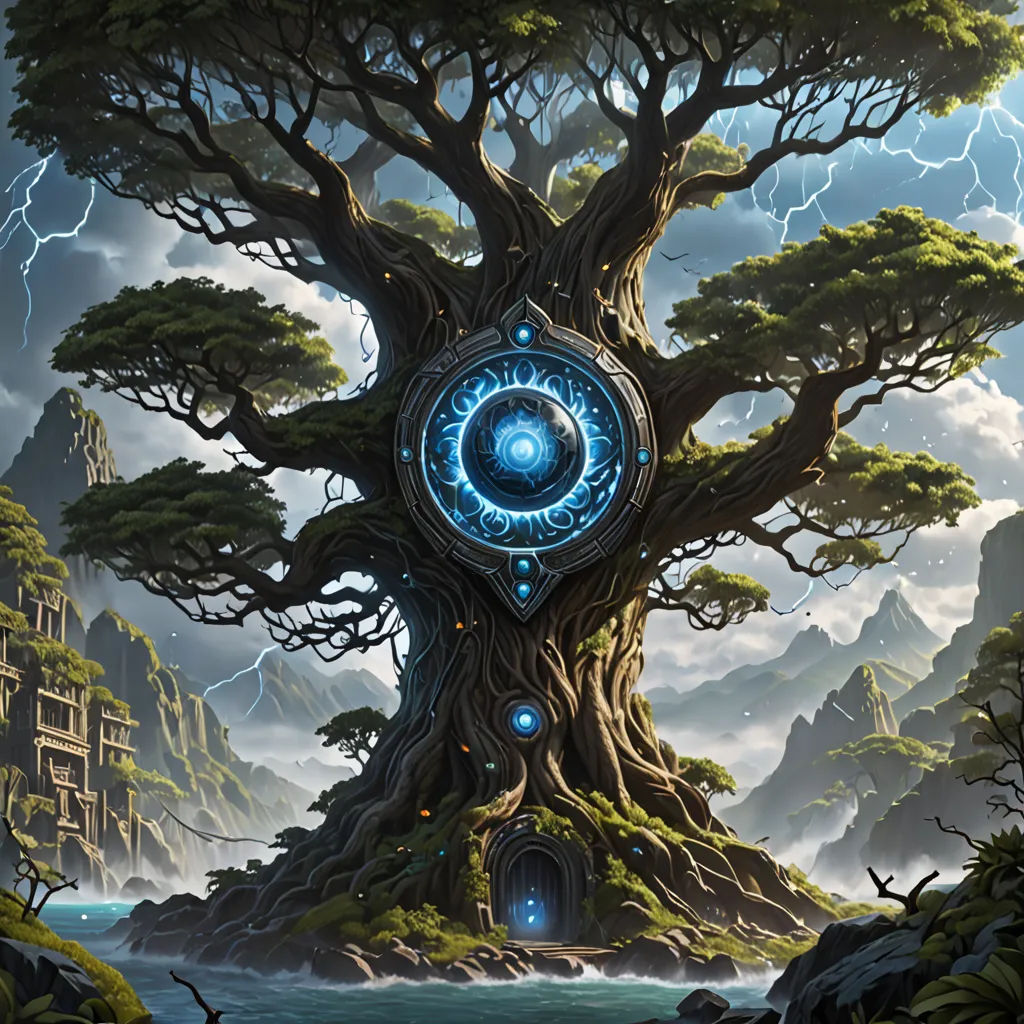 a tree with a blue eye in it surrounded by rocks and trees with lightning in the background and a castle in the middle, fantasy art, a detailed matte painting, Christophe Vacher, magic the gathering artwork