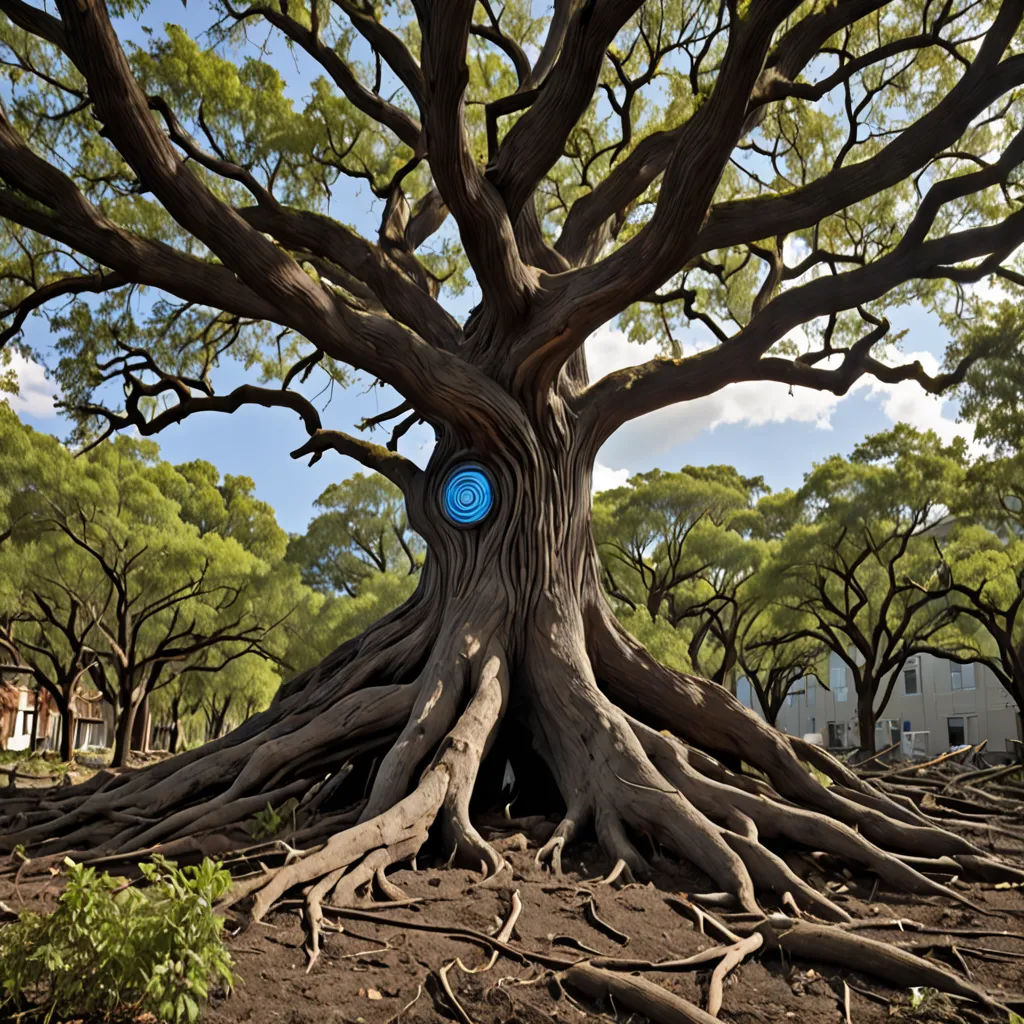 a tree with a blue circle in the center of it's trunk and roots, with a building in the background, ecological art, a photorealistic painting, Chris LaBrooy, roots