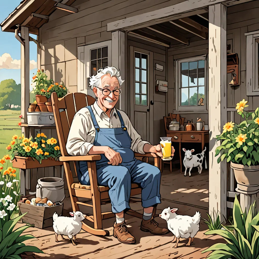 a man sitting in a rocking chair on a porch with chickens and flowers around him and a dog nearby, american impressionism, a storybook illustration, Alson S. Clark, highly detailed digital painting