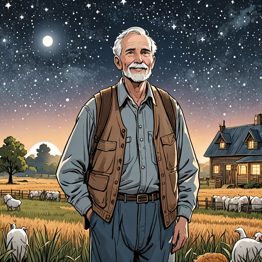 a man standing in a field with sheep under a night sky with stars and a house in the background, space art, a storybook illustration, Cliff Childs, official art