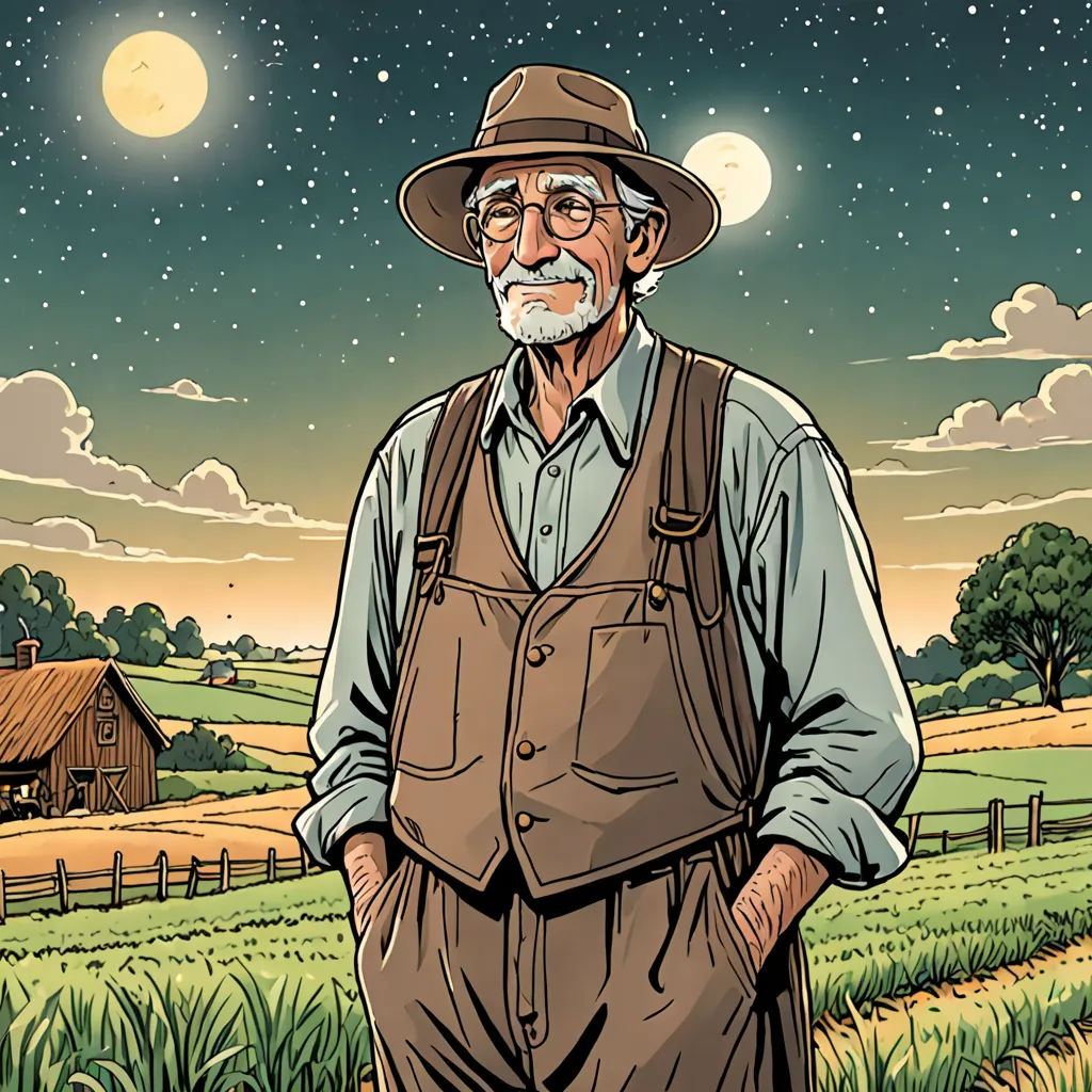 a man in a hat and overalls standing in a field with a barn in the background at night, space art, a comic book panel, Asaf Hanuka, comic cover art