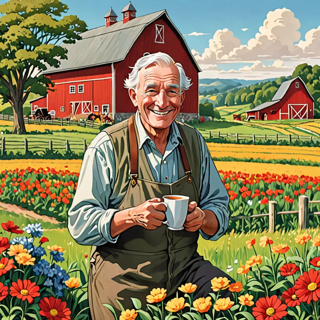 a painting of a man holding a cup in a field of flowers with a barn in the background and a red barn, american scene painting, a storybook illustration, Bourgeois, utopian