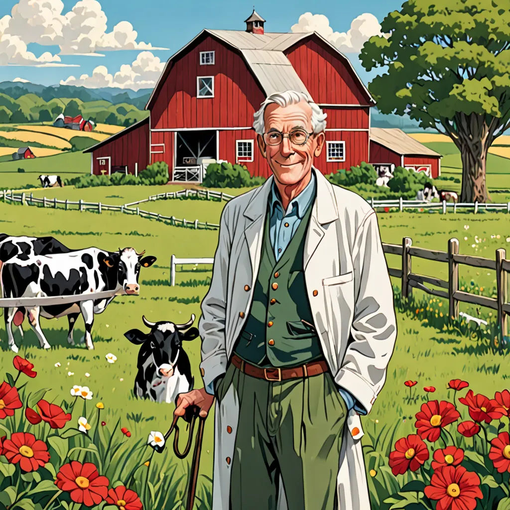 a man standing in a field with a cow and a barn in the background with red flowers in the foreground, american impressionism, a character portrait, Alson S. Clark, official art