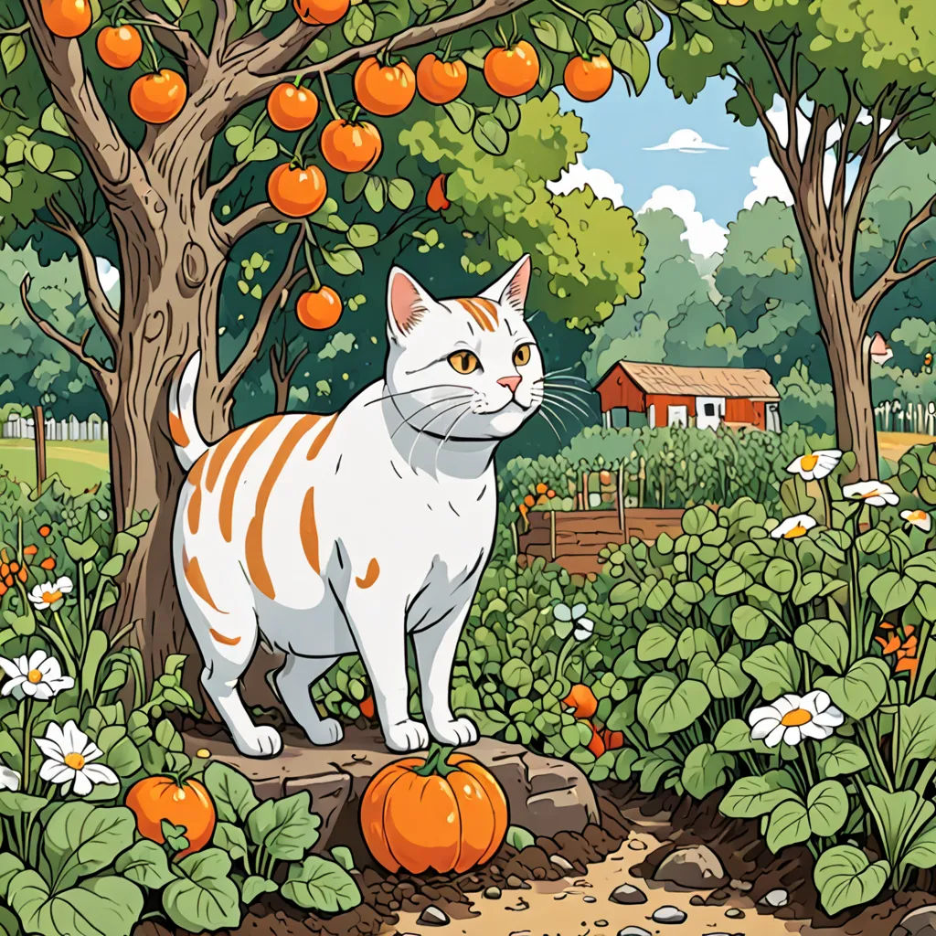 a cat standing on a rock in a garden with oranges and flowers around it, and a barn in the background, sots art, a storybook illustration, David Brewster, official art
