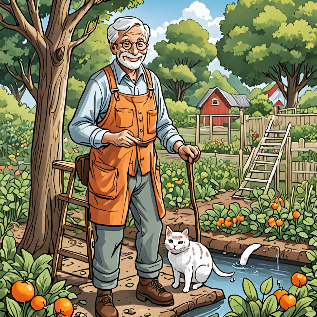 a man with a cane and a cat in a garden by a tree and a watering hole with oranges, environmental art, a storybook illustration, David Brewster, storybook illustration