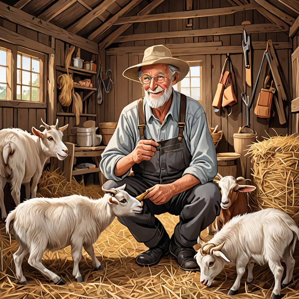 a man kneeling down next to a herd of sheep in a barn filled with hay and other animals and tools, folk art, a storybook illustration, Bob Byerley, storybook illustration